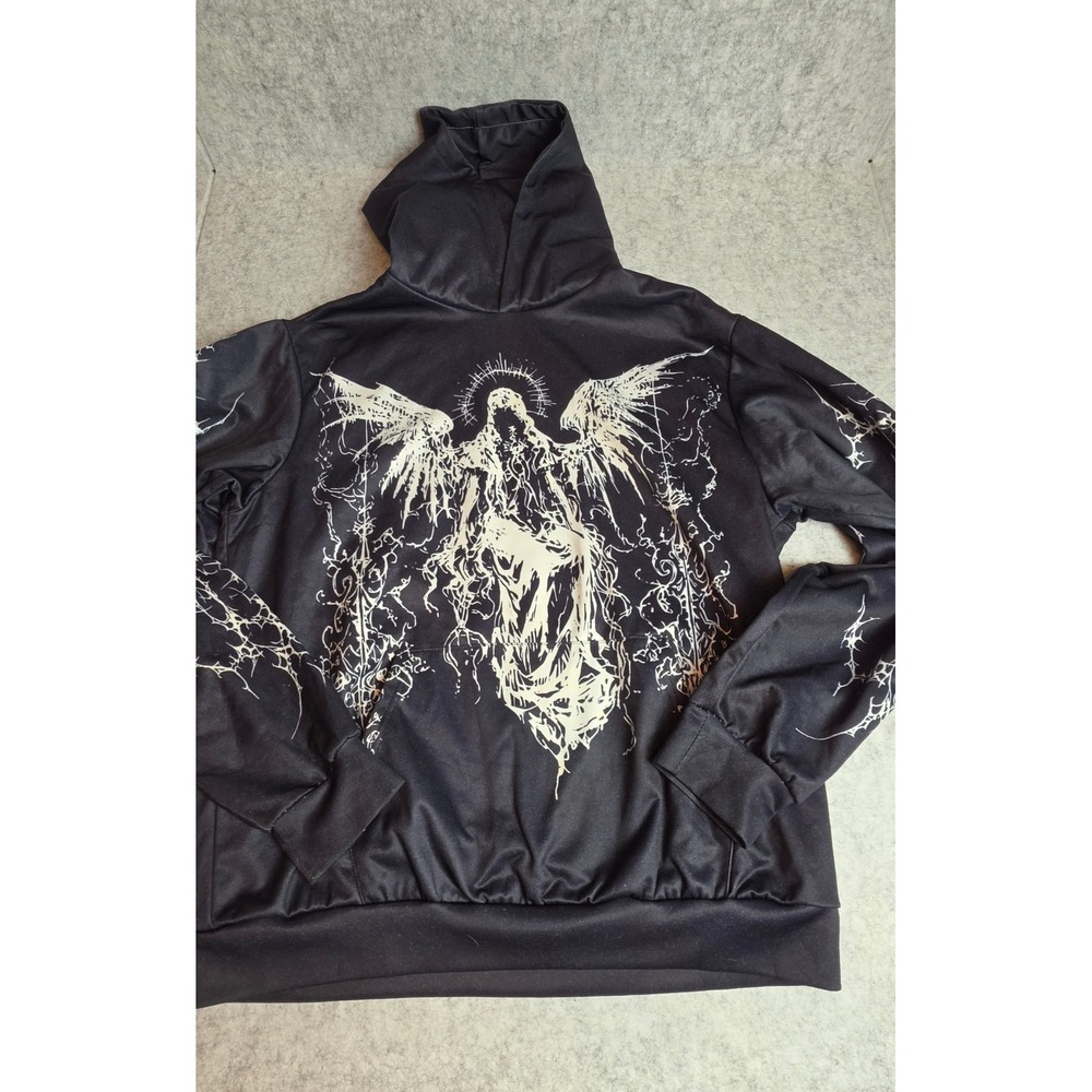 Y2K Grunge Gothic Angel Graphic Hoodie Black Streetwear XL